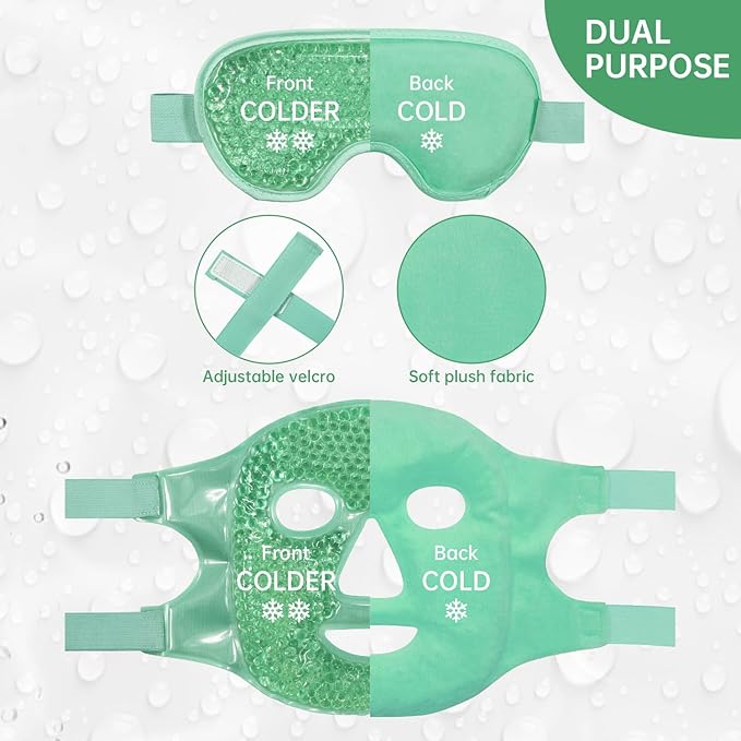 ZNÖCUETÖD Cooling Ice Face Eye Mask for Reducing Puffiness, Bags Under Eyes,Sinus,Redness,Pain Relief,Dark Circles, Migraine,Hot/Cold Pack with Soft Plush Backing(Green(1* Eye Mask+1*Face Mask))