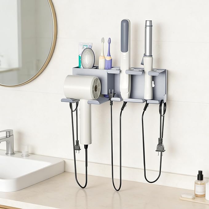 Blow Dryer Holder, 2 Installation Methods (Adhesive & Screws) Hair Dryer Holder Wall Mounted, Metal Hair Tool Organizer for Curling Iron, Straightener, Bathroom Wall Organizer, Gray