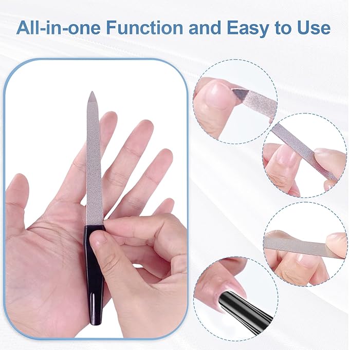 Metal Nail Files Made of Stainless Steel with Sharp Pointed Tip Non Slip Handle, Double Sided Sapphire Grit for Natural Nails Fingernails Toenail limas de uñas metálicas Color Black (6 Pcs)