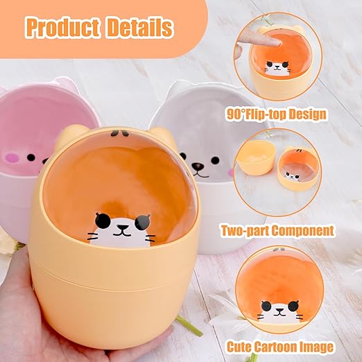 Cute Desktop Tiny Trash Can with Flip Lid, Creative Kawaii Bear Mini Wastebasket, Portable Countertop Dustbin for Office Kitchen Vanity Tabletop Bedroom (Yellow)