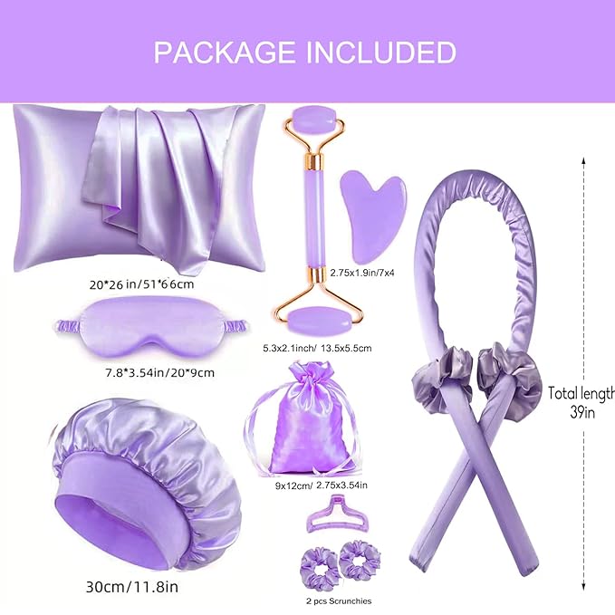 Heatless Curls Overnight Hair Curlers with Satin Pillowcase for Hair and Skin Queen Set, Sleeping Bonnet Eye Mask and Face Massager, 12pcs Hair Styling Tools Set for Sleeping(Purple)