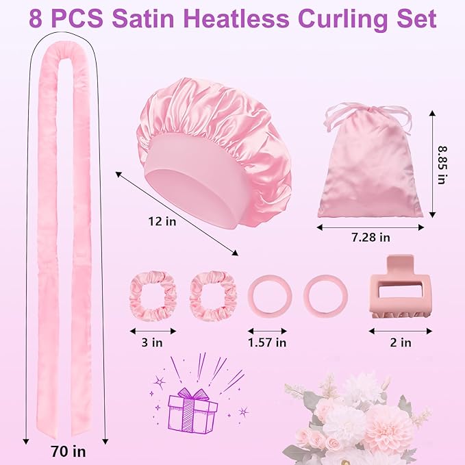 70" Heatless Curls Overnight Hair Curlers to Sleep In for Long Hair, Overnight Curls Heatless Hair Curler No Heat Curlers, Soft Satin Heatless Curling Set with Bonnet for Women - 8 PCS, Pink