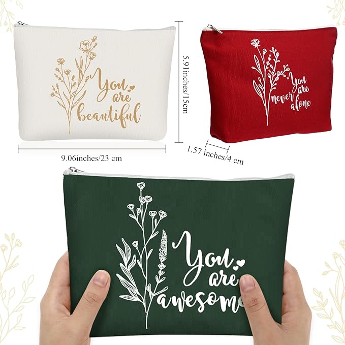 Coume 10 Pcs Valentines Canvas Makeup Bags Bulk, Inspirational Quotes Cosmetic Zipper Encouragement Travel Pouch Toiletry Bag Women Teacher Friend Birthday Gift(Joyous Color,Aesthetic)