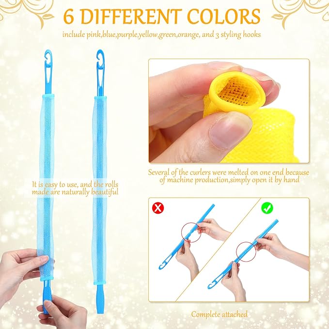 60 Pcs Heatless Wave Curlers No Heat Hair Curlers Rollers Spiral Styling Kit 2 Styles, 22'' 18'' 12'' Wave DIY Rollers for Women Short Long Hair with 2 Styling Hooks