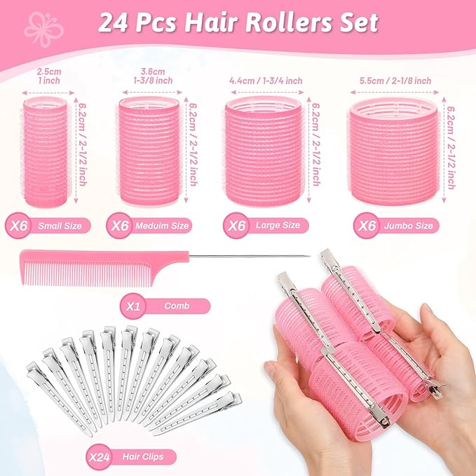 50 Pcs Rollers Hair Curlers Set with 24Pcs Self Grip Hair Rollers 4 Sizes and 24 Pcs Clips for Blowout Look Long Medium Short Thick Hair Volume