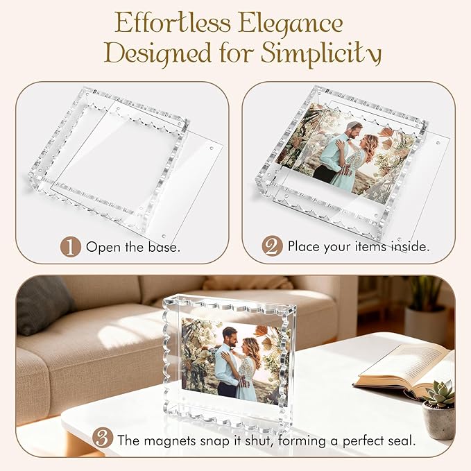 Acrylic Tray with Ultra-Strong Magnetic Mat- 7.9×7.9 Customizable Serving & Display Tray, Clear Scalloped Vanity Jewelry Organizer, Picture Frame Bathroom Tray Decor, Unique Gift for Women Girls