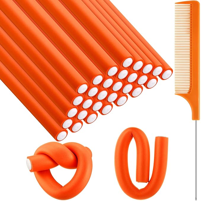 Syhood 30 Pcs Flexible Curling Rods 9.45 Twist Foam Rollers Soft Foam No Heat Hair Rods Rollers and 1 Steel Pintail Comb Rat Tail Comb for Women Long Short Hair(Orange,9.45 x 0.71 Inch)
