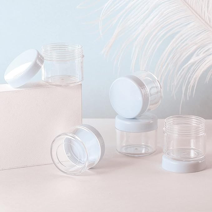 Refillable Cosmetic Sample Jars - 100 Pack 20g (0.7oz) White Small Travel Containers with Lids + 10 Mini Makeup Spatulas - BPA Free