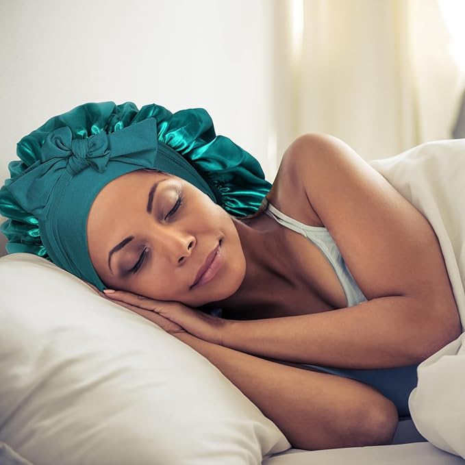 Arqumi 2 Pcs Satin Silk Bonnet for Sleeping Women, Large Long Strap Tie Band Adjustable Sleep Night Cap Hair Bonnet Wrap for Men, Black+Dark Green