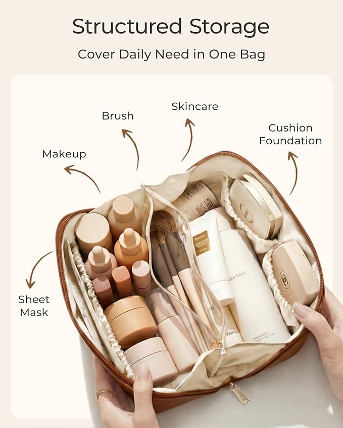 BAGSMART Makeup Bag Travel Cosmetic Bag, Large Make Up Bag Flat Open Toiletry Bag for Women, PU Leather Travel Essentials Organizer Case, Wide-open Pouch Purse for Skincare, Brushes, Lilac