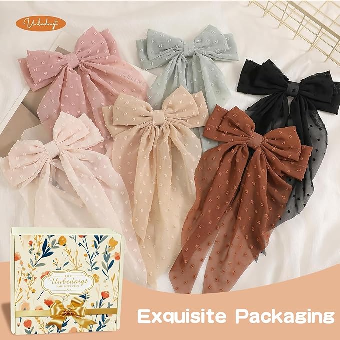 6 PCS Hair Bows for Women, Big Bow Hair Clips for Girls Thick Thin Hair, Silky Satin Hair Bow Clips Oversized, Large Cute Aesthetic Hair Accessories Holiday Gifts