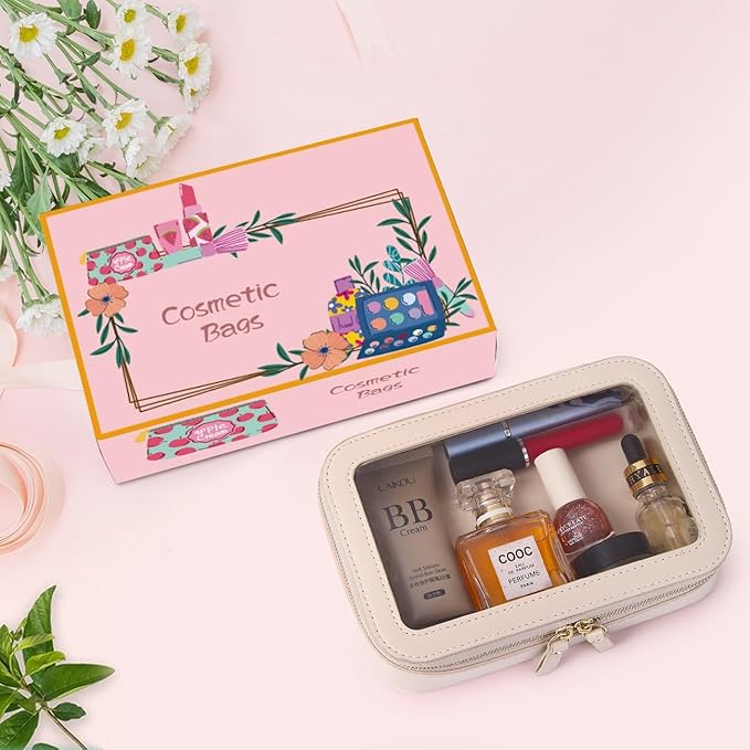 Clear Makeup Bag Small Cosmetic Bag Clear Travel Case Transparent Travel Toiletry Case Makeup Bag for Car with Zipper for Women (Beige, Small)