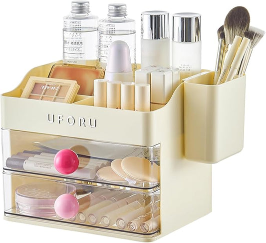 Makeup Organizer for Vanity with Brush Holder, Countertop Skincare Organizer with 2 Drawers, Spacious Cosmetic Display Case for Perfumes, Eyeshadow Palettes, Nail Polishes
