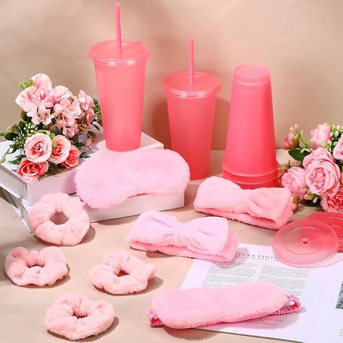 Hoteam 24 Pcs Spa Party Supplies for Women Sleepover Slumber Party Favors Include 6 Pink Spa Headband 6 Velvet Scrunchies 6 Eye Mask 6 Pink Plastic Cups Tumbler Valentine Galentine Gift for Beauty
