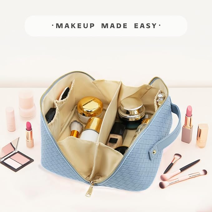 JINYIBAGS Travel Makeup Bag – Large Cosmetic Organizer with Waterproof PU Leather, Smooth Double Zipper & Tear-Resistant Lining, Toiletry Pouch for Women (Ice)