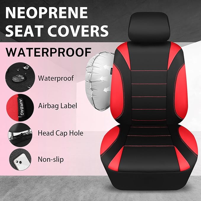 CAR PASS Neoprene Wetsuit Seat Covers, Waterproof Car Seat Covers Front with 5mm Composite EVA, Universal Fit for Car,Sedan, SUV TrucksAnti Slip, Airbag Compatible(Black and Red