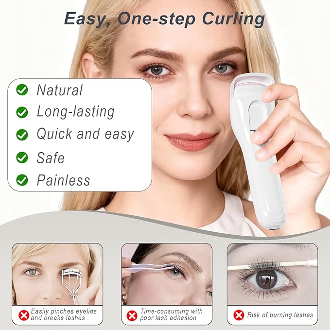 Heated Eyelash Curler, Type-C Rechargeable with 3 Temp Settings & Safe Silicone Pad for Natural Curls, Travel-Friendly (White)