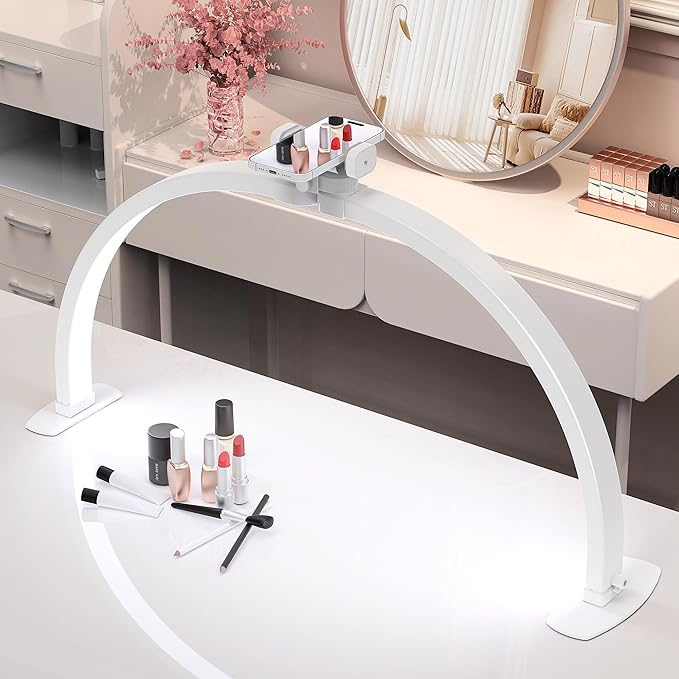 Foldable Large Half Moon LED Light,29" Arch Light for Table Nail Desk with Phone Stand, Upgrade Arch Light for Nail Techs with Wire Controller for Manicure Tattoo Beauty (White, Large)