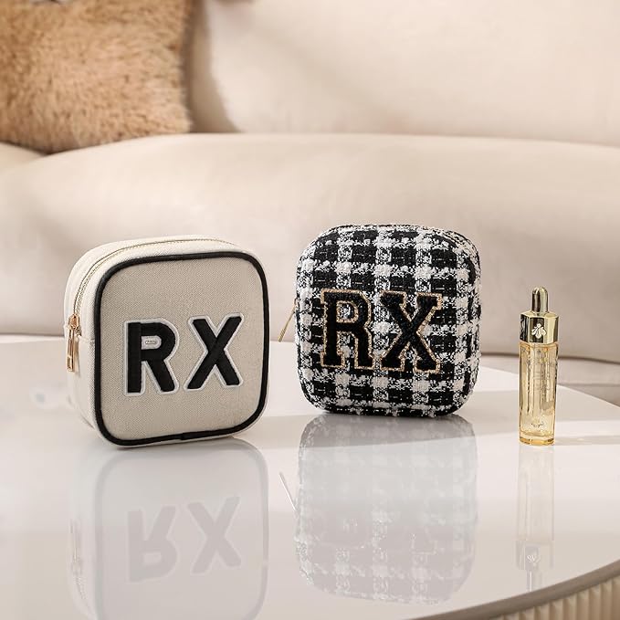 uekeboag Personalized Small Checkered Medicine Cosmetic Bag, Cute Plaid Pattern Chenille Letter Patch RX Drug Pouch with Zipper, Makeup Travel Gift Bag for Women and Girls (09 White Checkered)