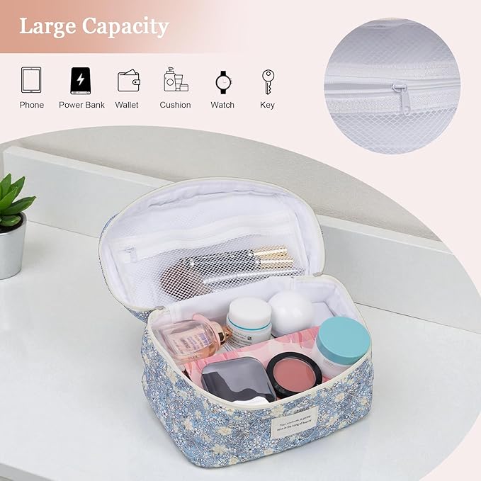 VIWIME Makeup Cosmetic Bag, Large Cotton Quilted Travel Coquette Aesthetic Cute Floral Make up Bag for Women Toiletry Bag Organizer (302-Blue&White)