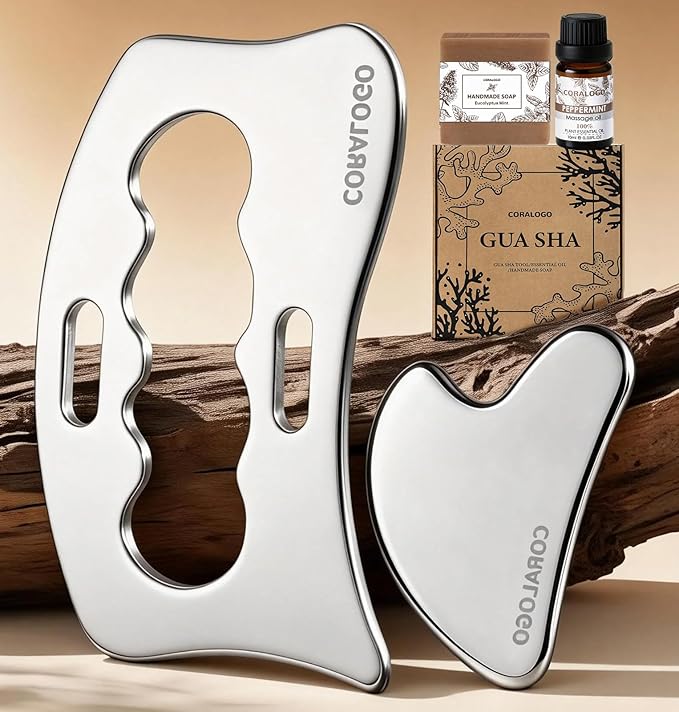 Coralogo Stainless Steel Gua Sha Tools - 4pc Skin Care Tools Set with Gua Sha Oil, Soap, Muscle Scraper for Face Massaging Body Relaxing, Self Care Gift for Her Birthday Valentine's Day
