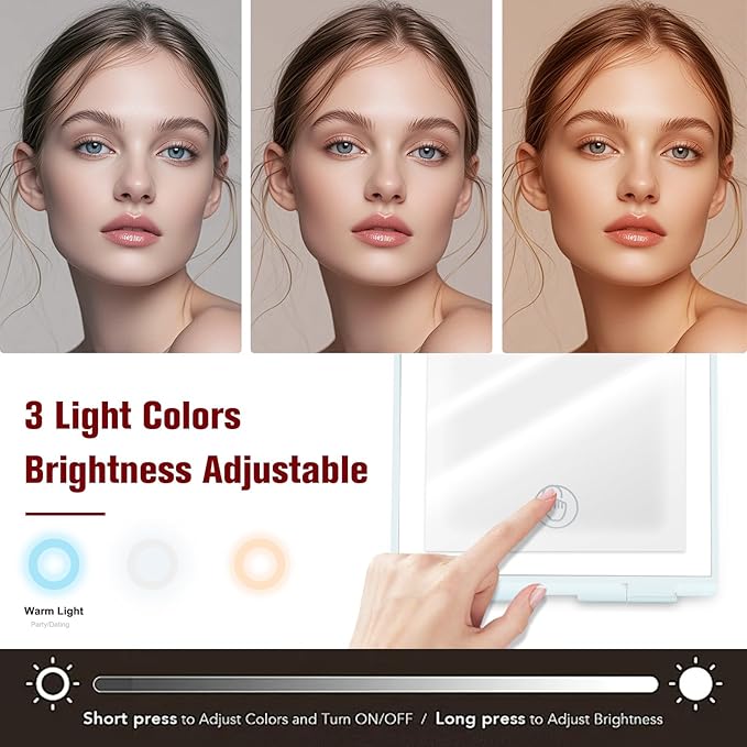 Travel Makeup Mirror with Lights Valentines Day Gifts for Her, Girlfriend, Wife, Birthday Gifts Rechargeable Portable Folding Compact LED Mirror Set with Tweezer 3 Color Light Modes-Cyan