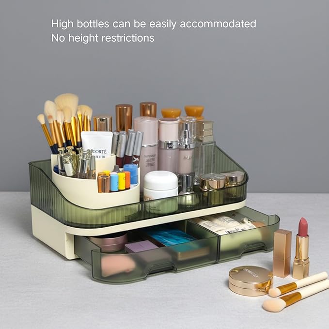 Makeup Organizer with Dual Drawers - Large Capacity Countertop Cosmetic Storage for Skincare Vanity Bathroom
