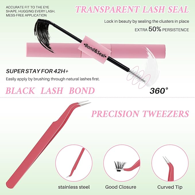 Lash Clusters Kit DIY Lash Extension Kit Cluster Lashes Mix 9-16mm Eyelash Extension Kit Individual Lashes with Lash Bond and Seal,Lash Tweezers,Mascara Brush(20D+40D+60D+80D Kit)
