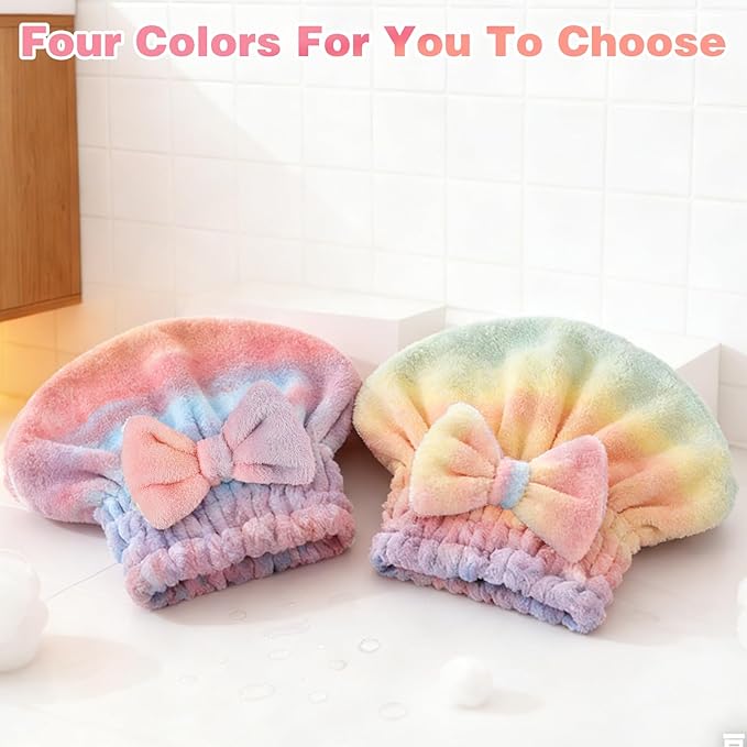 2PCS Super Absorbent Hair Towel Wrap for Wet Hair,Microfiber Hair Drying with Caps Bow Design,2026 New Fast Drying Hair Turban Wrap Towels Shower Cap for Girls and Women (Mix)