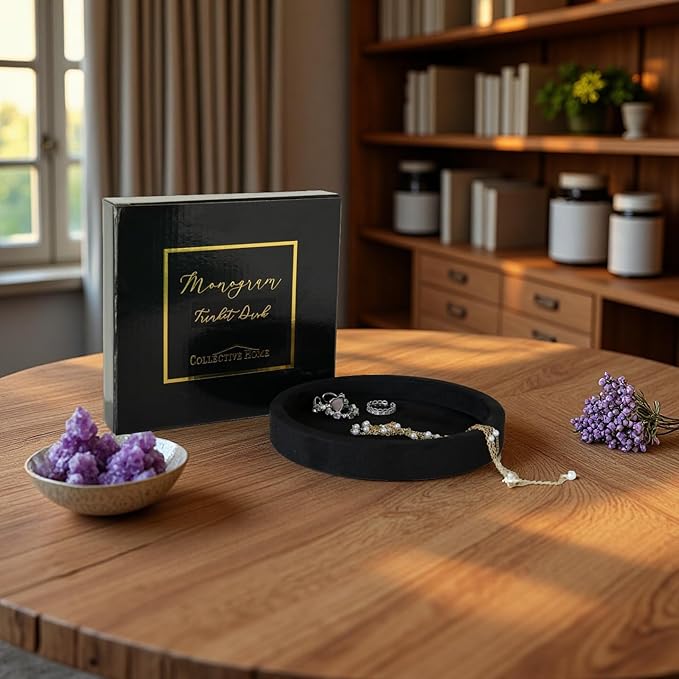 COLLECTIVE HOME - Velvet Jewelry Tray, 6" Monogrammed Jewelry Dish, Smooth Velour Display Dish for Rings, Earrings, Necklaces, Makeup, Personalized Gifts for Women (Black-w)
