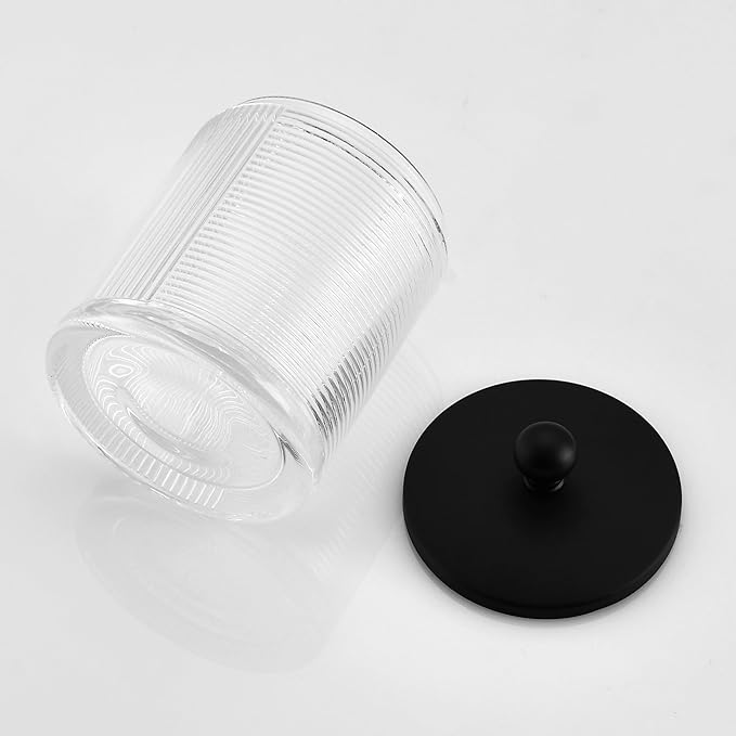 Clear Transparent Apothecary Ribbed Geometric Etched Glass Jar W/Matte Black Metal Lid Cover for Bathroom Organization, Cotton Balls, Q Tips, and Small Accessories, Bathroom Storage