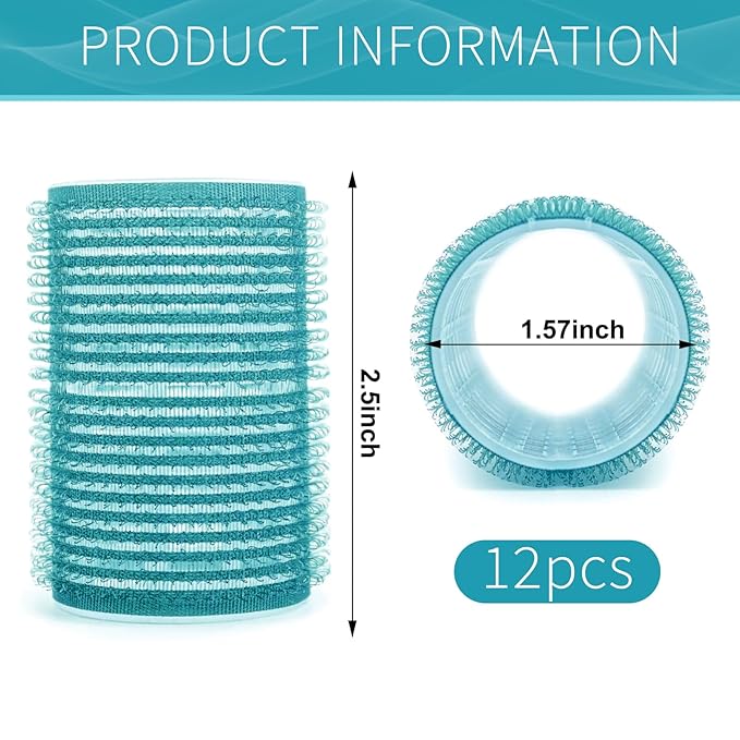 Hair Rollers, 12 Pack Self Grip Salon Hairdressing Curlers, DIY Curly Hairstyle, Large Rollers 1.57In Blue-Green