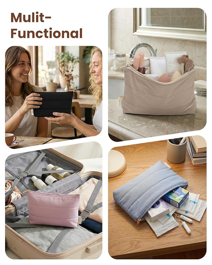 Wandering Nature Small Makeup Bag 2 Pack Cosmetic Bag for Purse, Puffer Quilted Makeup Pouch, Cute Travel Pouch with Zipper for Women, Khaqi