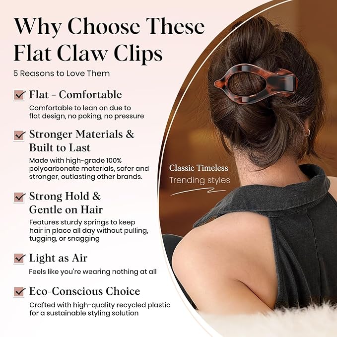 4 PCS Large Flat Hair Clips for Women Girls, French Concord Lay Down Claw Clips for Thick Thin Hair, Comfortable Curved Flat Clip, Leopard Print Stylish Strong Hold Hair Accessories, Tortoise