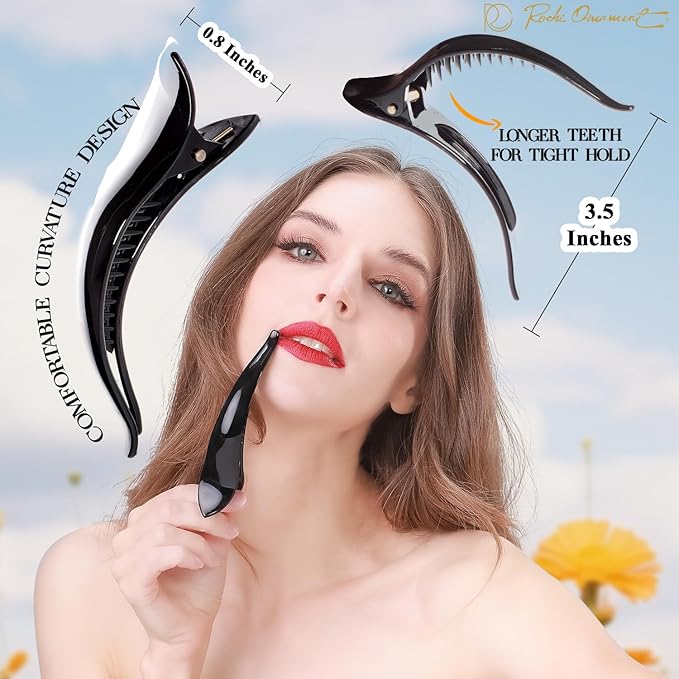 RC ROCHE 6 Pcs Duck Bill Alligator Hair Clips for Women Sectioning Flat Claw Long Thick Hair Inner Teeth Curved Styling Jaw Strong Secure Grip Salon, Medium Black