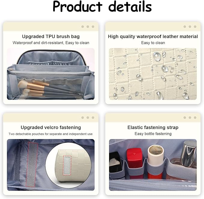 BOYATU Travel Makeup Bag Organizer Cosmetic Bag: 3 Pcs Set Make up Bags for Women with Handle - Waterproof Vegan Leather Toiletry Bags Travel Essentials Pouch with Compartments (01-D-Beige)