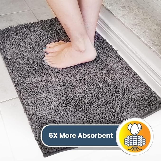 Muddy Mat® 2-Piece Grey Medium 30"X19" AS-SEEN-ON-TV Highly Absorbent Microfiber Door Mat, Bath Mat and Pet Rug, Non Slip Thick Washable, Soft Chenille for Kitchen Bathroom Bedroom Indoor and Outdoor
