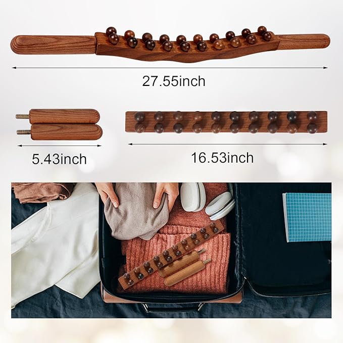 Wood Therapy Guasha Wood Stick Massage Tools, Lymphatic Drainage Massage Stick, Stomach Cellulite Massager, Myofascial Release Tool, Ease Pain Self Body Sculpting, Mountable Handle Double Row 20 Beads