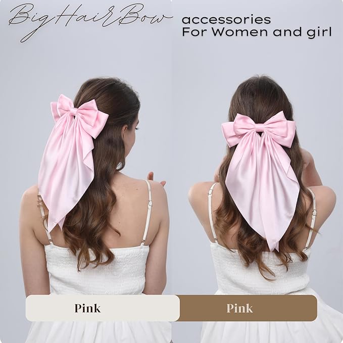 2PCS Big Hair Bow Clips for Women Girls – Pink Satin Ribbon Bow Barrettes with Long Tails, Large Cute Hair Accessories for Ponytail, Photoshoot & Everyday Styling