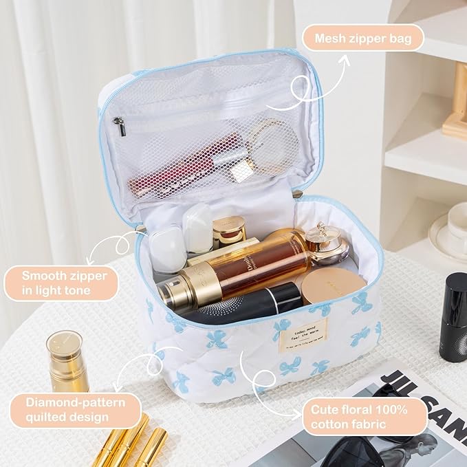 Makeup Bag for Women 3PCS Quilted Cotton Make Up Bag Travel Cosmetic Bag Large Makeup Bag Set Cute Blue Bow Makeups Organizer Floral Toiletry Pouch for Purse