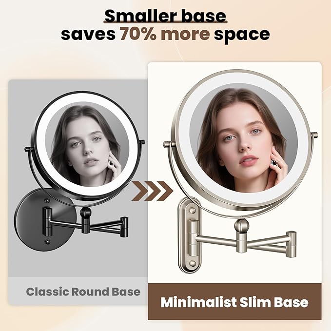 9" Wall Mounted LED Lighted Makeup Vanity Mirror - 4000mAh Rechargeable Double Sided 1X/30X Magnifying Mirror, 3 Color Lights Touch Dimmable, Height Adjustable Extended Arm 360° Swivel Bathroom Mirror