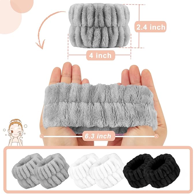 Crosize Women's Wrist Towels for Face Washing, Microfiber Spa Wash Bands, Absorbent Sweatbands, 6PCS (Black, White, Grey)