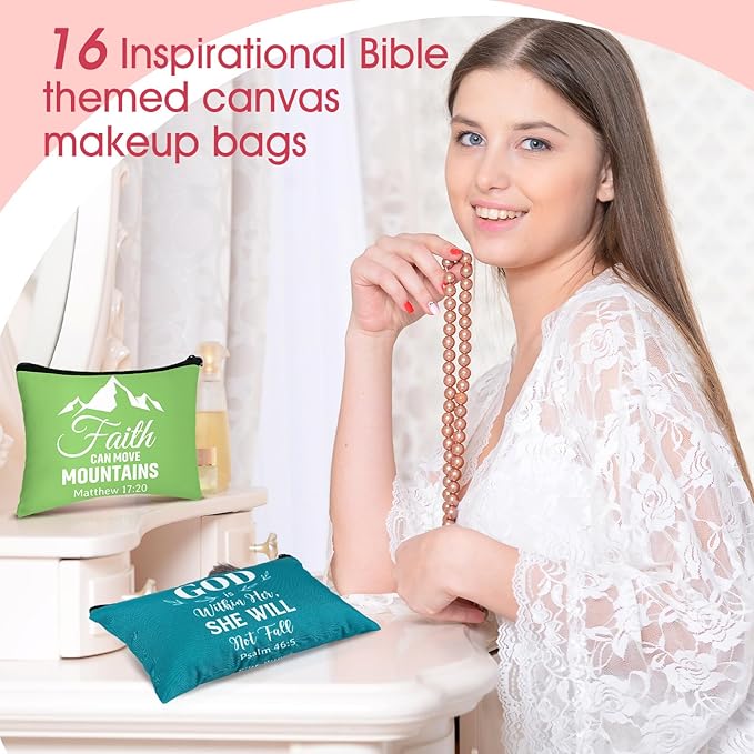 Pinkunn 16 Pcs Valentines Canvas Makeup Bags Bulk Inspirational Christian Women Religious Galentine Gifts Inspirational Bible Verse Pencil Pouch Makeup Bags with Zipper for Travel(Bible Solid Color)