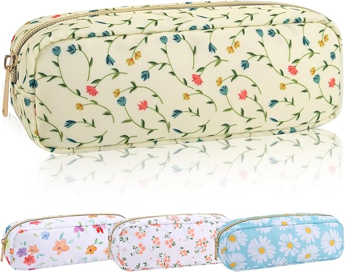 Nylon Floral Small Makeup Bag Slim Pouch, Cute Preppy Makeup Brush Bag Portable Make up Pouch with Zipper, Waterproof Travel Toiletry Bag Coin Purse Storage Organizer for Women Girls(Vine Flower)
