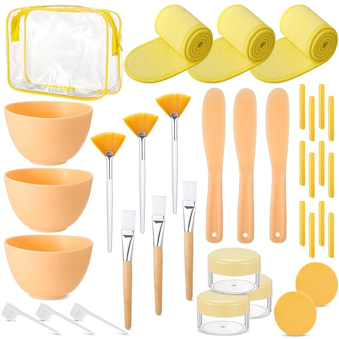 LemonRoad 34 Pcs Esthetician Facial Supplies Include Facial Bowls Brushes Jars Measuring Spoons Hairbands Esthetician Essentials Valentines Gift Set For Women(Yellow)