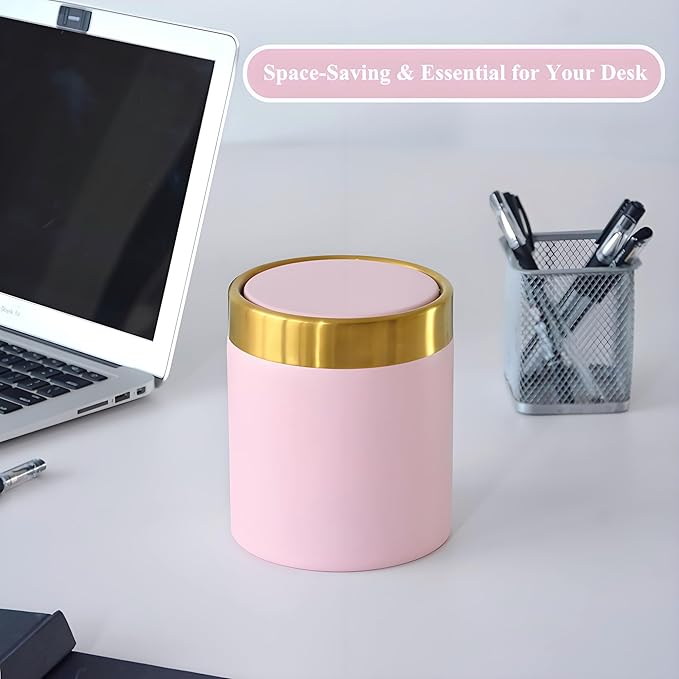 Mini Trash Can with Lid, 1.5 Liter / 0.4 Gallon Small Metal Desk Garbage Bin for Countertop, Coffee Bar, Vanity – Pink