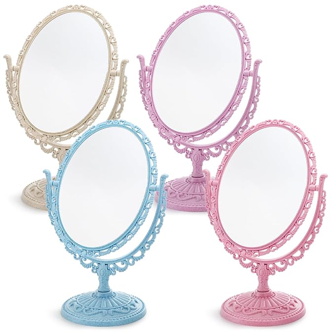 DEAYOU 4 Pack Oval Shaped Cosmetic Mirror, Vintage Vanity Tabletop Mirror Double Sided, Rotatable Cute Dresser Mirrors with Stand for Makeup, Girl, Women, Beauty, Spa Party, 4 Color