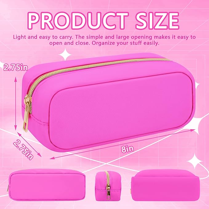 Iqimott Hot Pink Makeup Bag Nylon Small Makeup Bag, Preppy Slim Cosmetic Bag Compact Makeup Brush Pouch Toiletry Bag, Waterproof Zipper Purse Travel Coin Pouch Storage Bag for Women Girls Teens