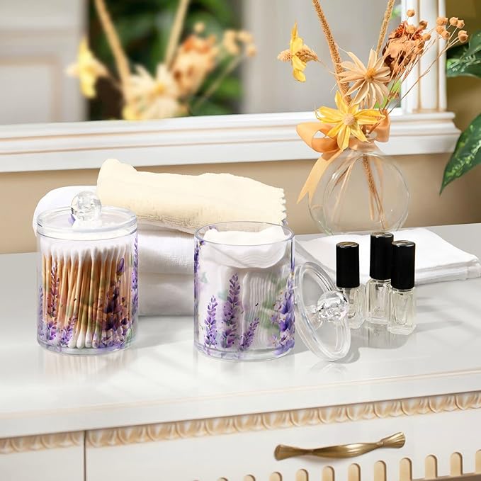 2 Pack Qtip Holder Dispenser Purple Lavender Storage Canister Bathroom Acrylic Plastic Apothecary Jars Vanity Organizer Lid for Cotton Swab/Ball/Pad