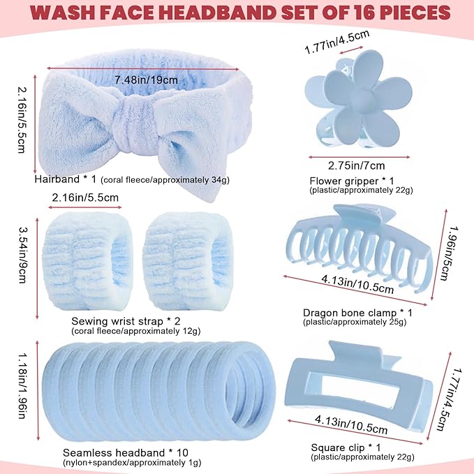16 Pcs Skincare Headband Set, Face Washing Headband with Wristbands, Hair Claw Clips & Hair Ties, Spa Headbands for Women Girls, Perfect for Facial, Makeup, Shower, Gift Ready Box
